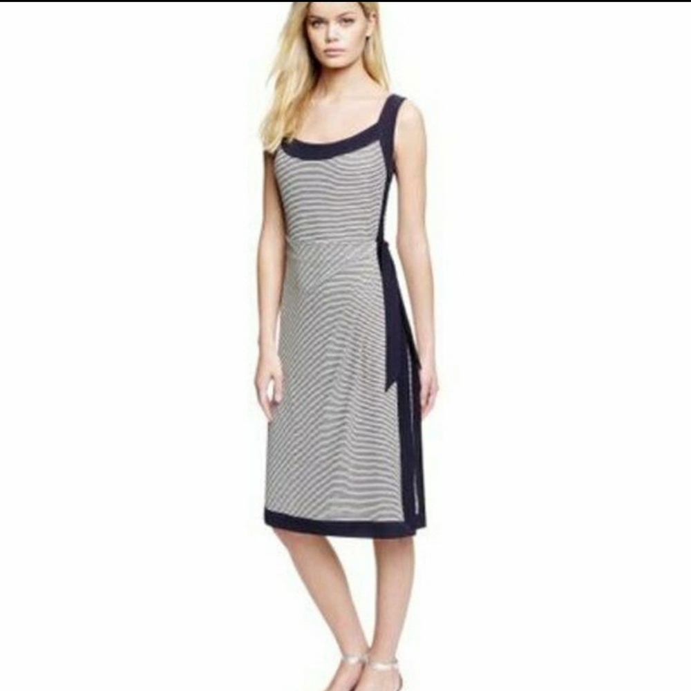 Tory Burch Kyla white and navy pinstriped dress with elegant wraparound design